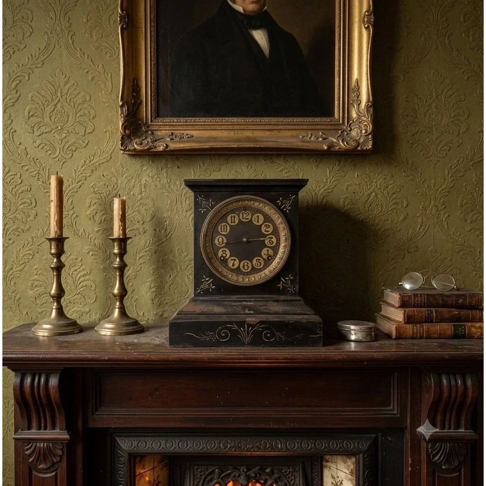 Antique Ansonia Mantel Clock Black Gold Floral 1882 Patent Victorian Decor